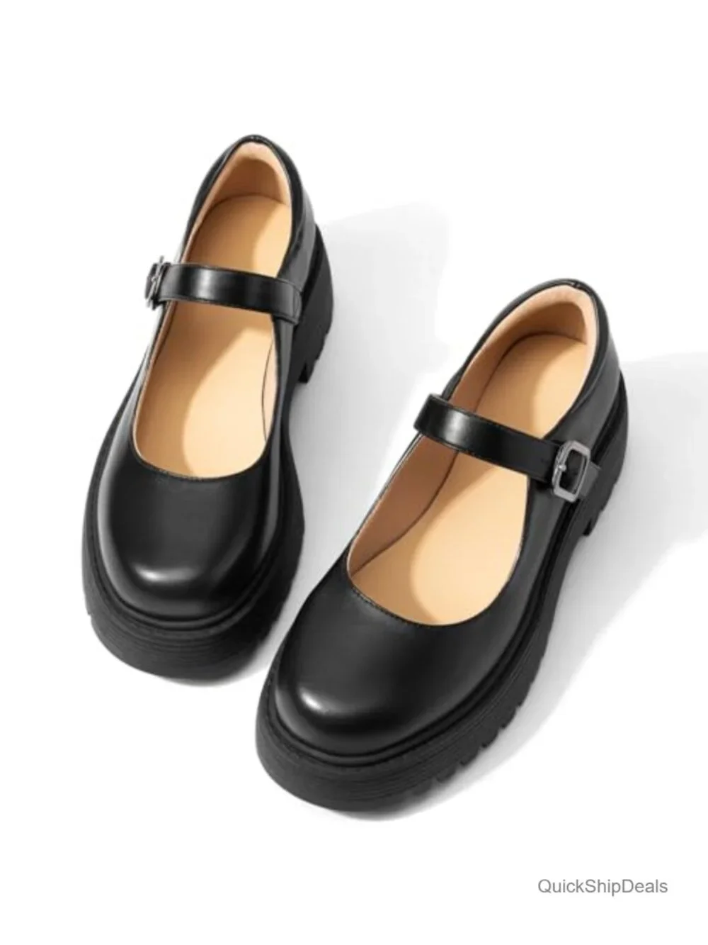 Women's Mary Jane Platform Shoes - Chunky Lug Sole Oxfords, Round Toe Buckle